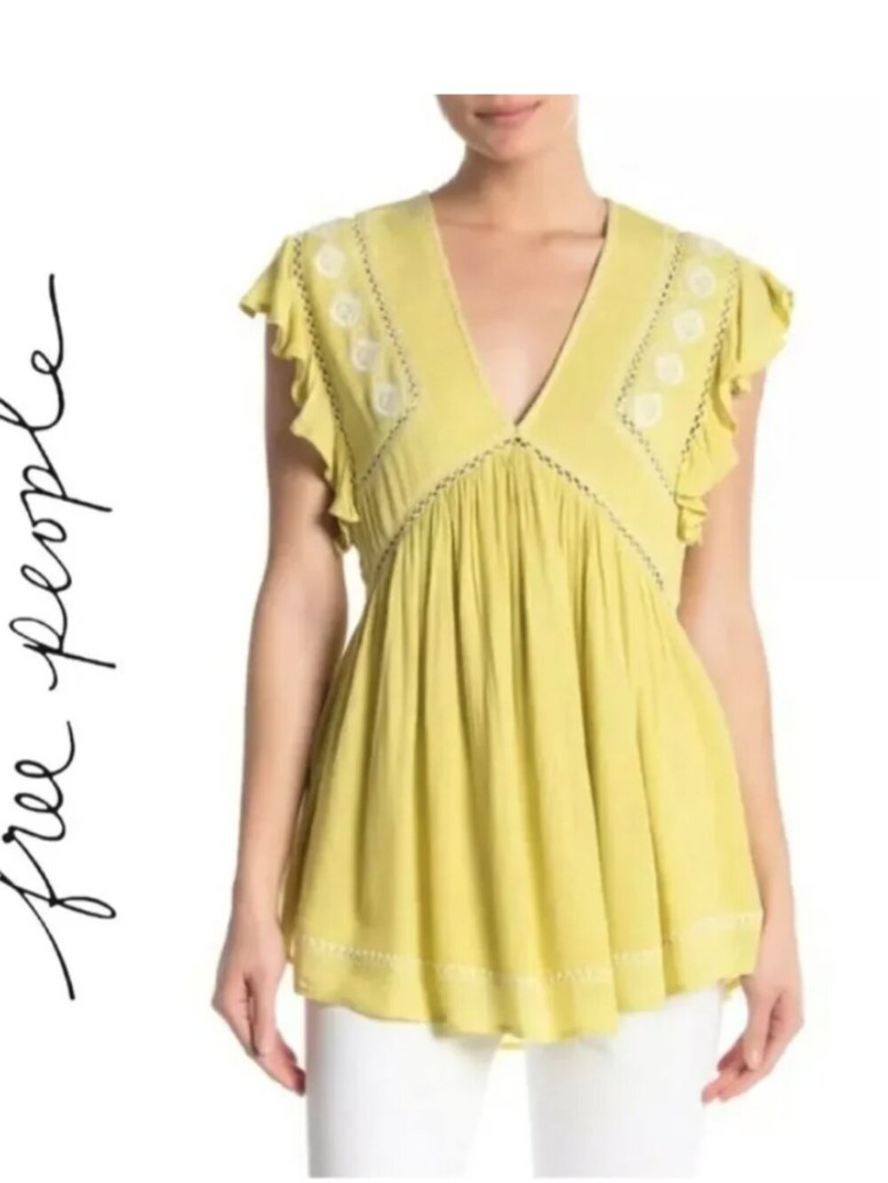 Free People Falling Waters Embroidered Yellow Green V-Neck Ruffle Sleeve Top S